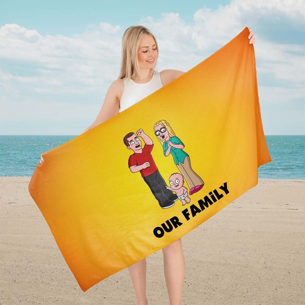 Gepersonaliseerde handdoek illustratie stripfiguur familie