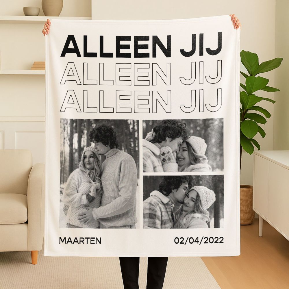 Gepersonaliseerde deken met zwart-wit foto's en tekst