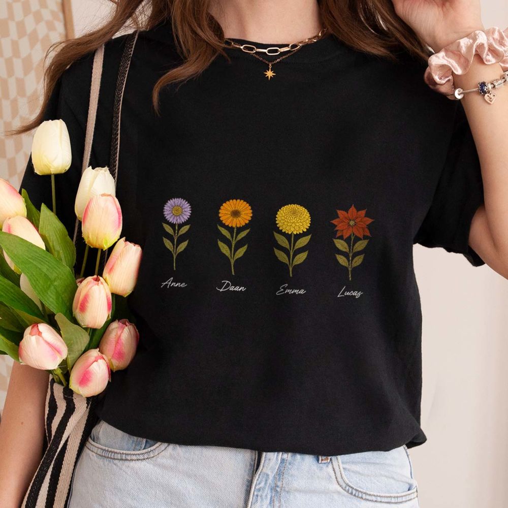 Gepersonaliseerd t-shirt met geboorte bloemen