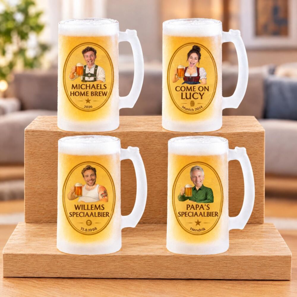 Gepersonaliseerde bierpul met logo en gezicht