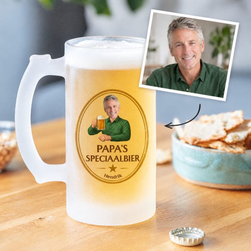 Gepersonaliseerde bierpul met logo en gezicht