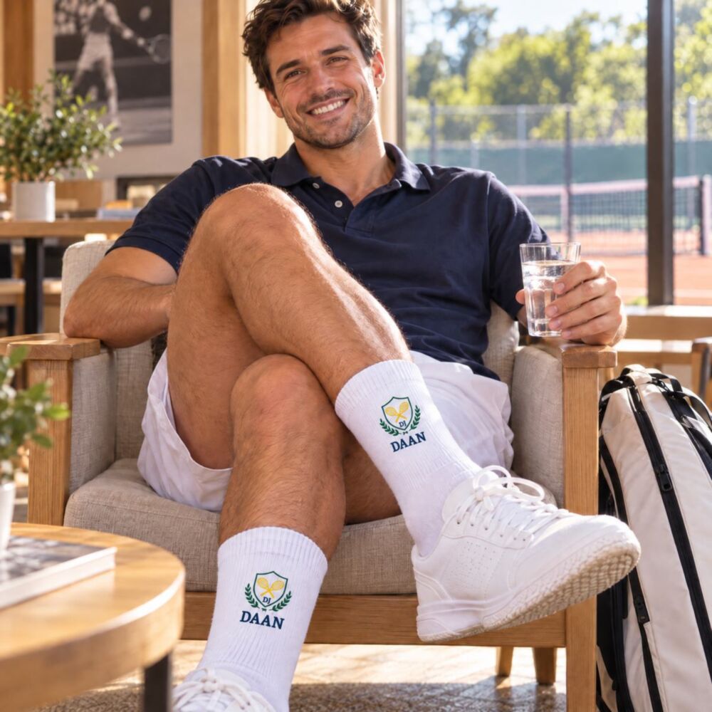 Gepersonaliseerde tennissokken met embleem, initialen en naam
