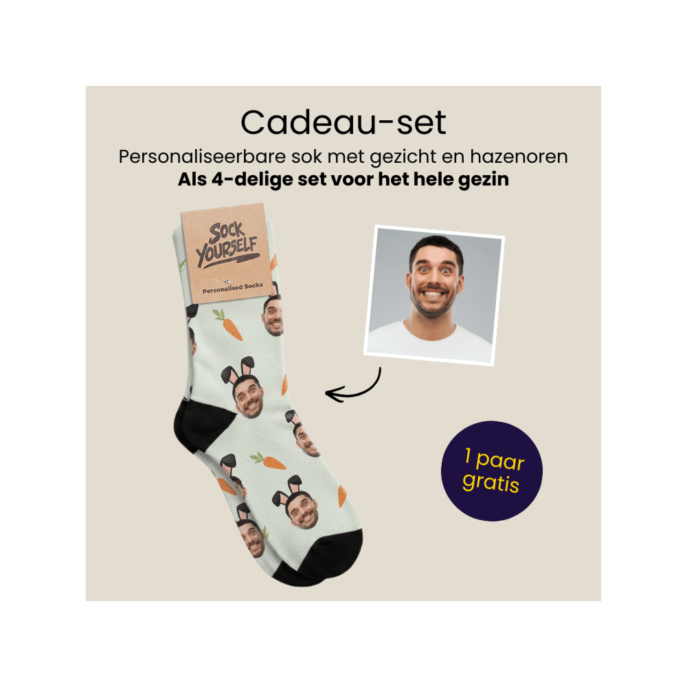 Cadeauset paassokken set van 4 met gezicht en konijnenoren