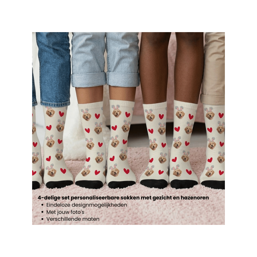 Cadeauset paassokken set van 4 met gezicht en konijnenoren
