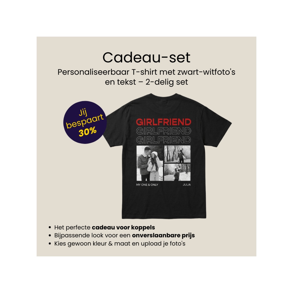 Cadeauset 2-delige T-shirts met zwart-wit foto’s en tekst