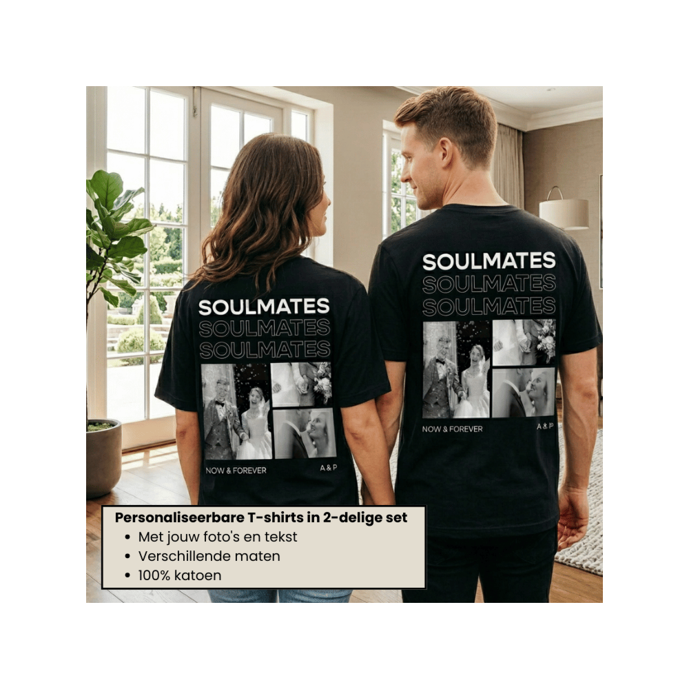 Cadeauset 2-delige T-shirts met zwart-wit foto’s en tekst