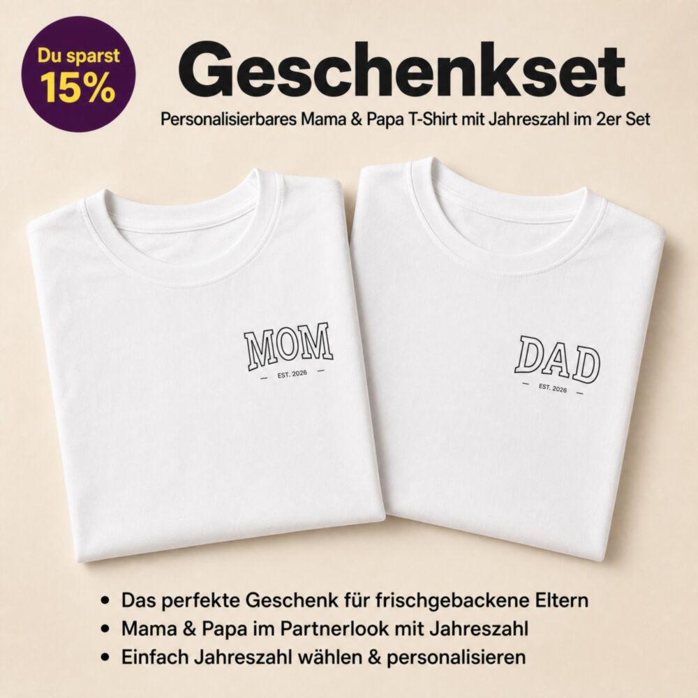 Cadeauset voor ouders – T-shirts mama & papa met jaartal