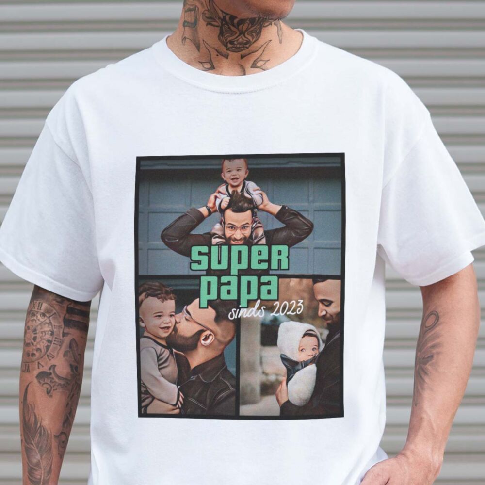 Gepersonaliseerd t-shirt met drie foto’s en tekst