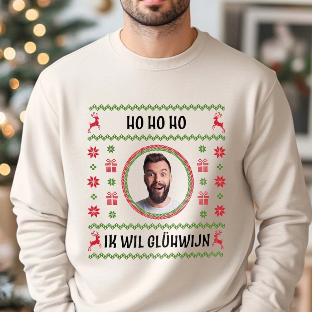 Gepersonaliseerde kersttrui met foto en tekst