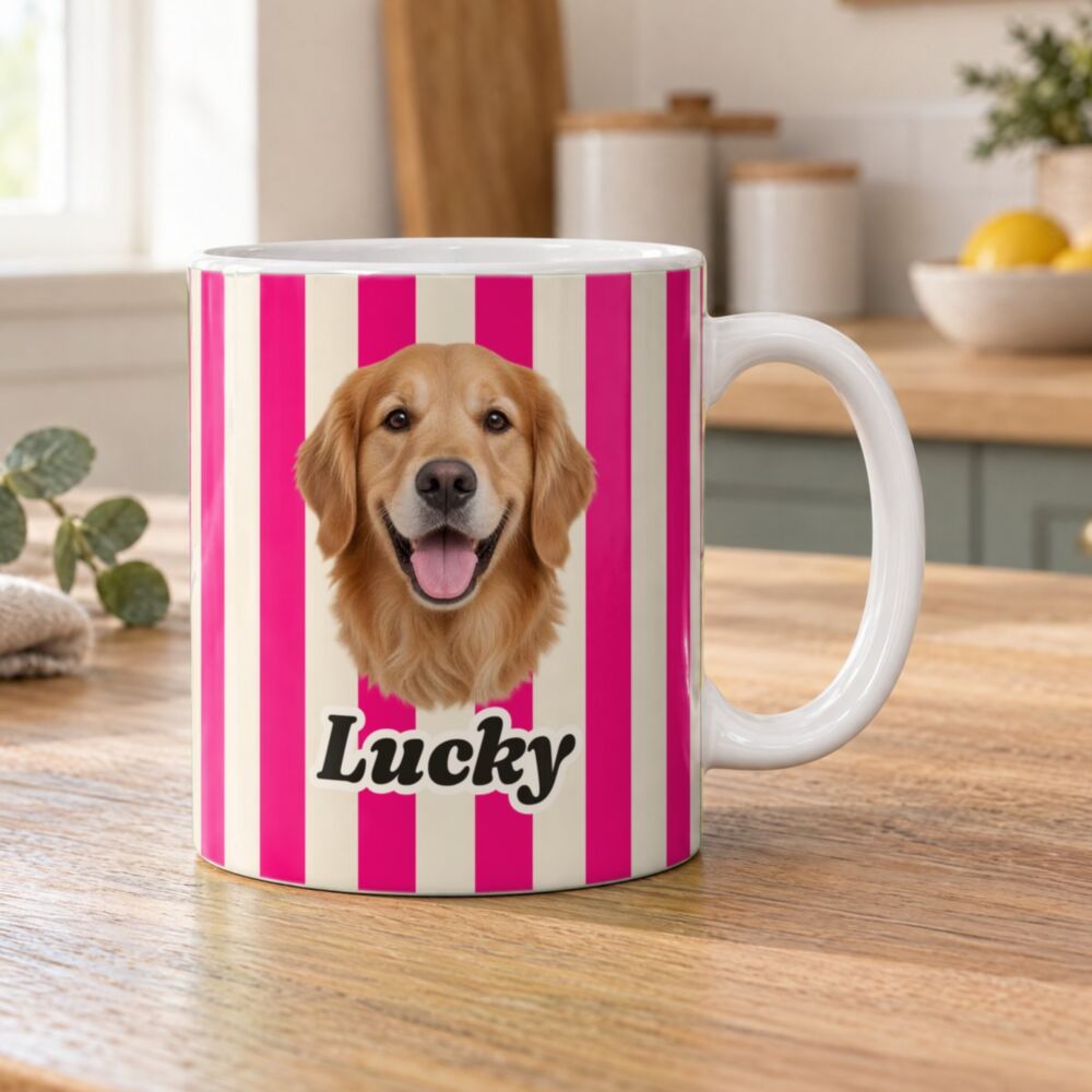 Mok met foto en naam van je huisdier – gepersonaliseerd: golden retriever ‘Lucky’ op roze strepen