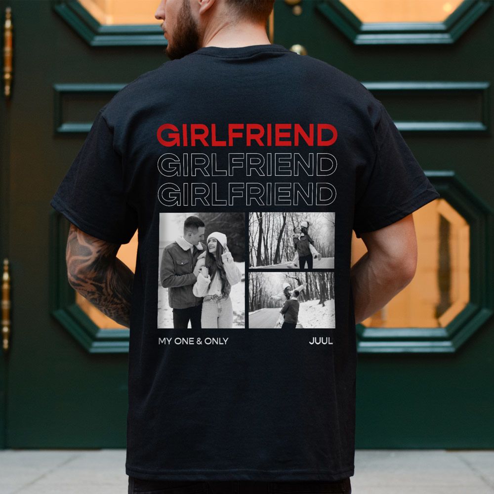 Gepersonaliseerd t-shirt met zwart wit foto’s en tekst