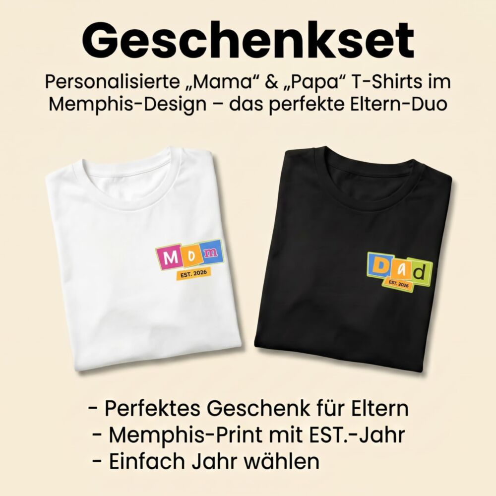T-shirts met naam bedrukken - Papa & Mama Set met Memphis-design