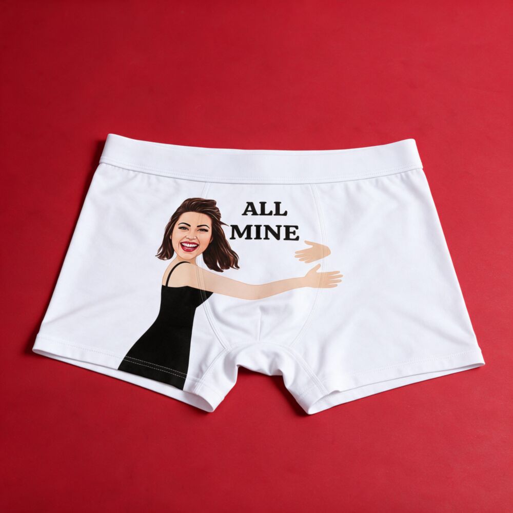 Gepersonaliseerde boxershort met gezicht en tekst – wit met karikatuur en ALL MINE