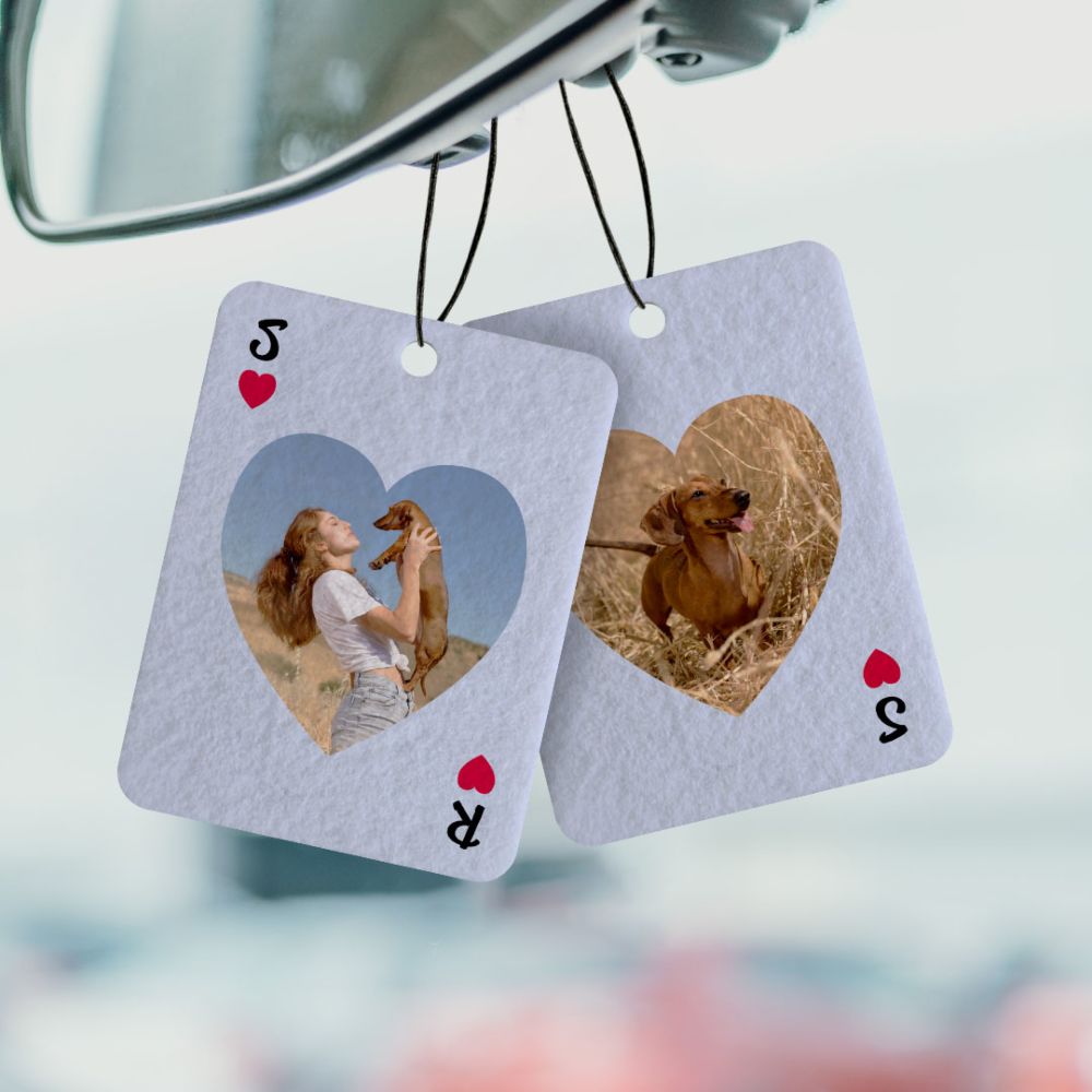 Gepersonaliseerde geurhanger harten kaart met foto set van 2