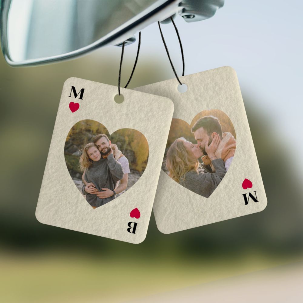 Gepersonaliseerde geurhanger harten kaart met foto set van 2