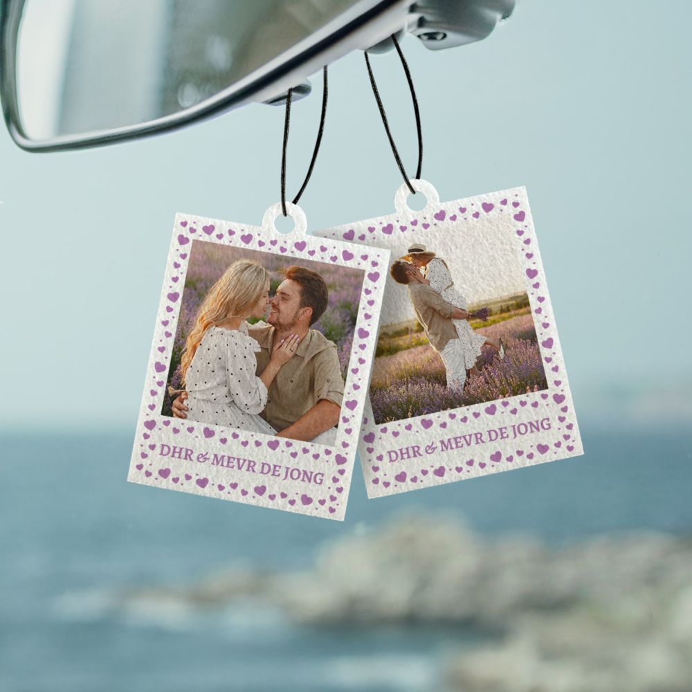Gepersonaliseerde geurhanger in polaroid-look met hartjes set van 2