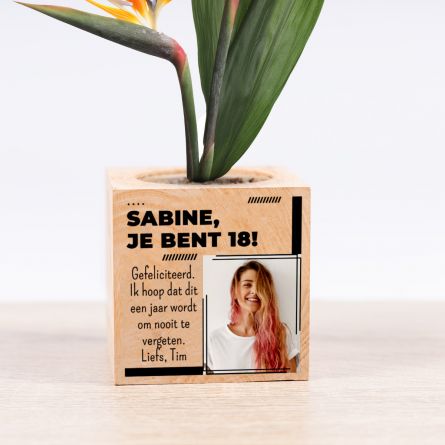 Ecocube - Plantje in Houten Kubus met Foto en Tekst