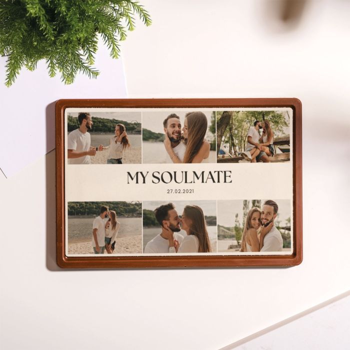 Gepersonaliseerde chocolade als kaart met 6 foto’s en tekst