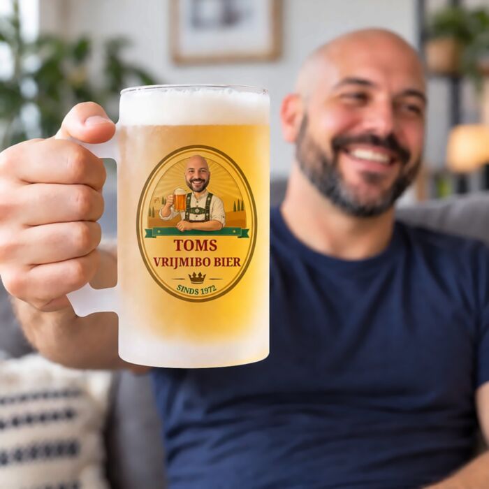 Gepersonaliseerde bierpul met logo en gezicht