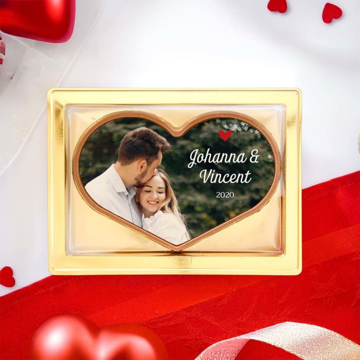 Gepersonaliseerd chocolade hartje met foto en tekst