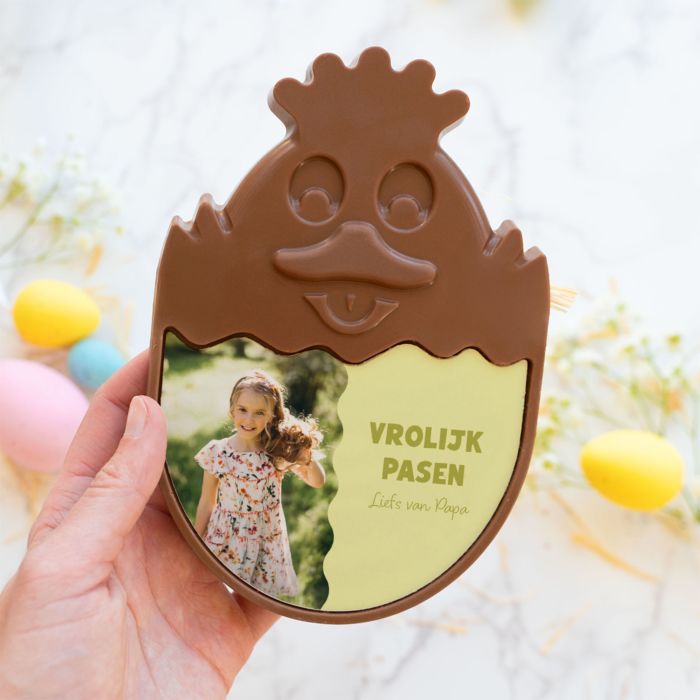 Gepersonaliseerd chocolade kuiken met foto en tekst