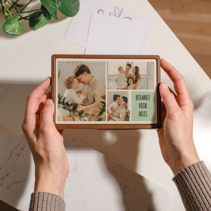Gepersonaliseerde chocolade als kaart met 3 foto’s en tekst