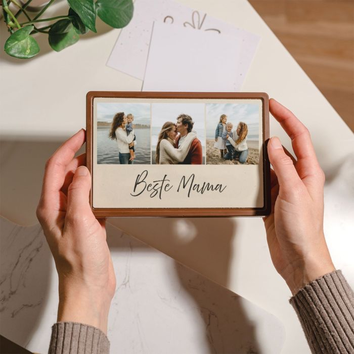Gepersonaliseerde chocolade als kaart met foto collage en tekst