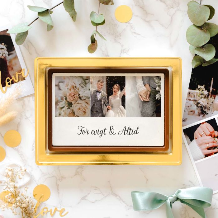 Gepersonaliseerde chocolade als kaart met foto collage en tekst