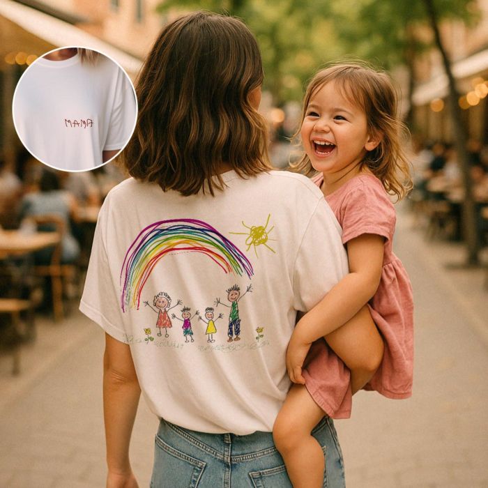 Gepersonaliseerd t-shirt met jouw tekening voor- en achterkant