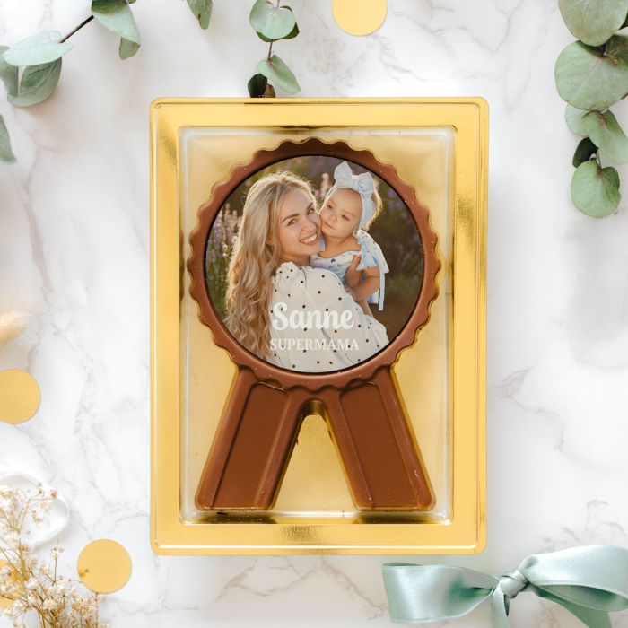 Gepersonaliseerde chocolade medaille foto met tekst