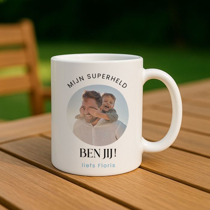 Gepersonaliseerde mok met foto en 3 regels