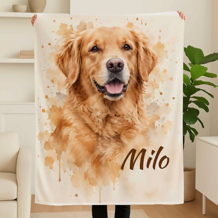 Fleece deken met foto van je huisdier in aquarelstijl – gepersonaliseerd met naam