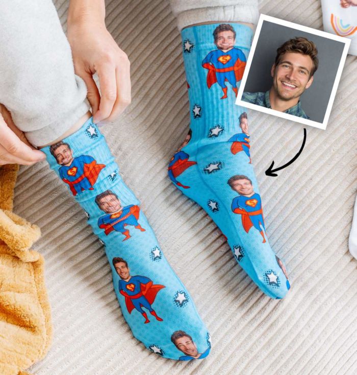 Gepersonaliseerde Sokken met Foto Gezicht als Superheld