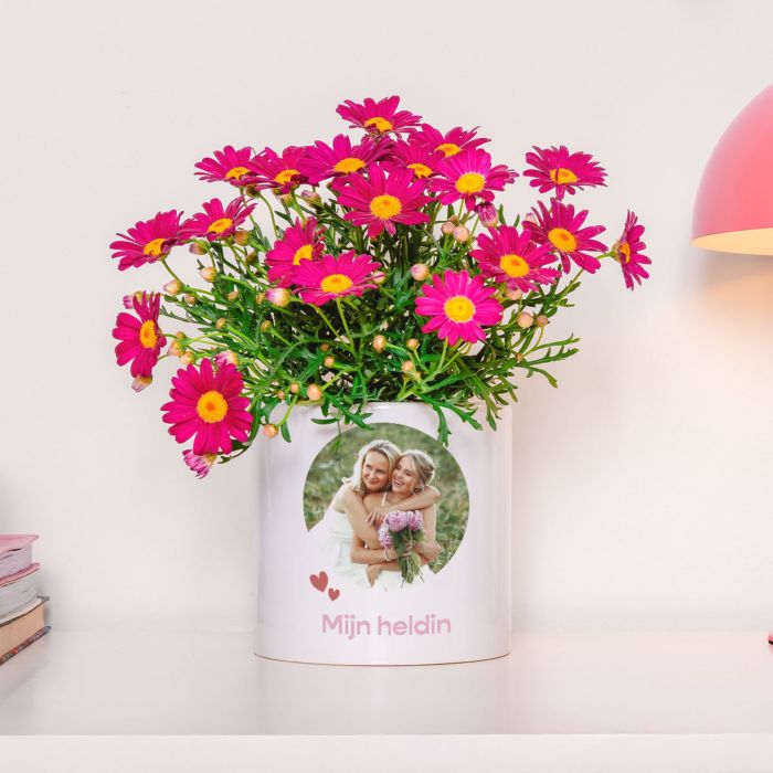 Gepersonaliseerde bloempot met foto en tekst