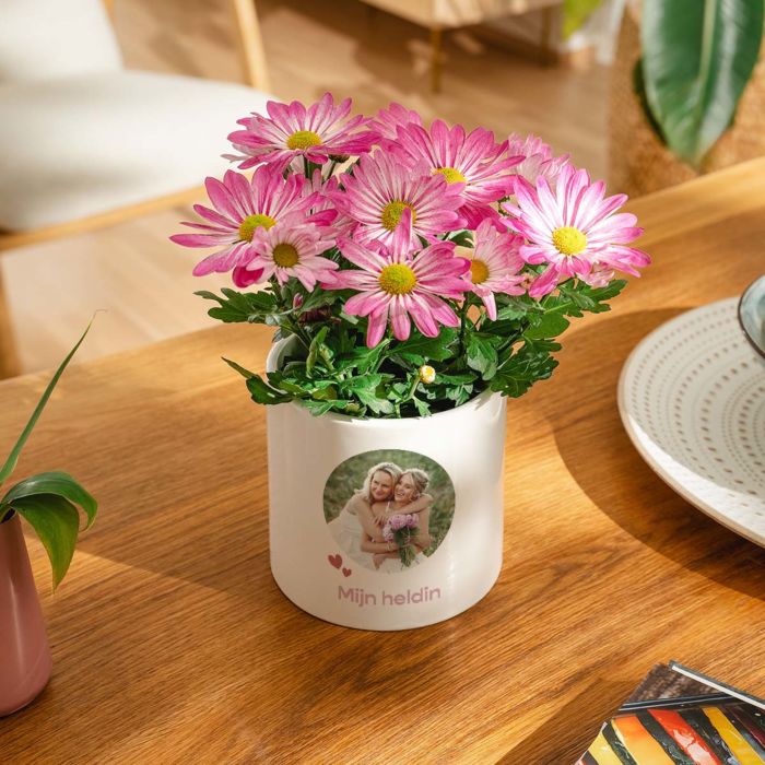 Gepersonaliseerde bloempot met foto en tekst