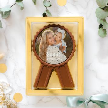 Gepersonaliseerde chocolade medaille foto met tekst