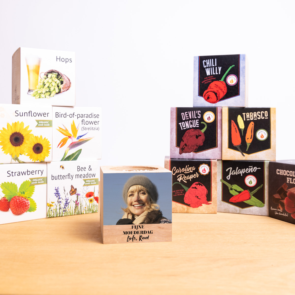 Ecocubes - Plantje in Houten Kubus met Grote Foto en Tekst