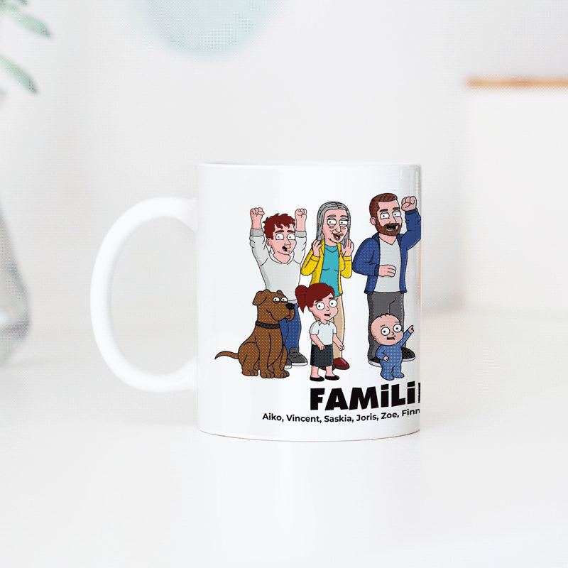 Gepersonaliseerde mokken illustratie stripfiguur familie