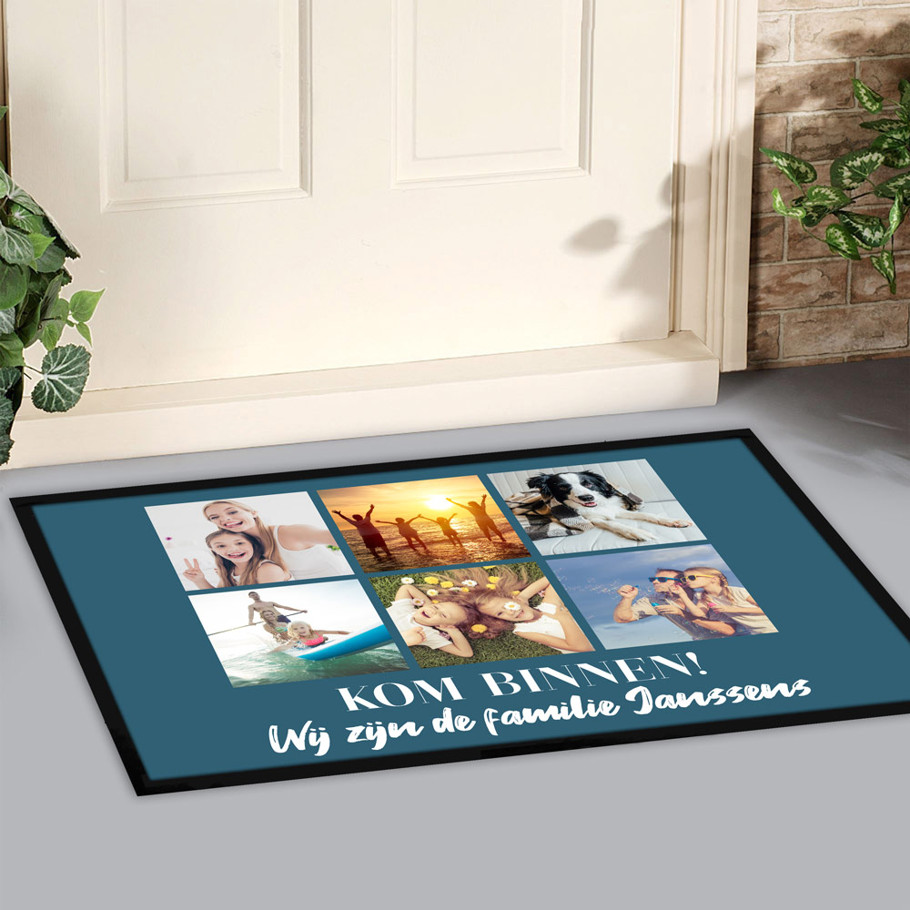 Gepersonaliseerde Deurmat met 6 Foto's met Tekst - Design