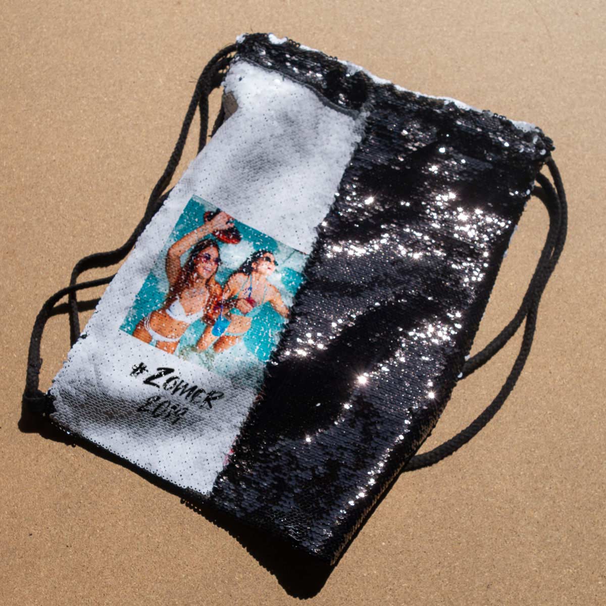 Personaliseerbare pailletten-turntas met 2 foto’s en tekst