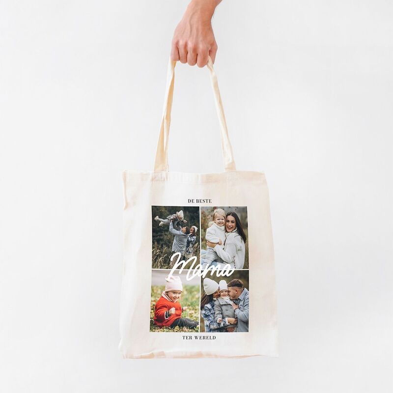 Gepersonaliseerde tote bag met 4 foto’s en tekst
