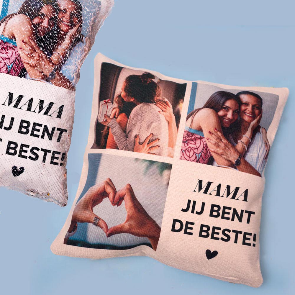 Cadeau voor mama Personaliseerbare kussensloop met 3 foto’s en tekst Cadeau voor mama Personaliseerbare kussensloop met 3 foto’s en tekst